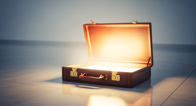 Illuminated briefcase open on a shiny floor casting a bright light in a minimalistic setting studio shot