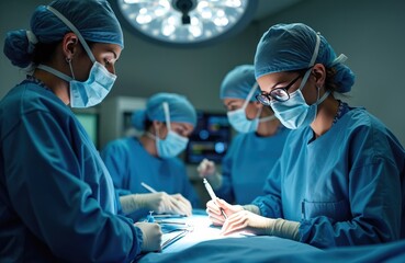 Female surgeons in blue scrubs, masks perform surgery in hospital operating room. Women doctors work together as team. Medical staff wear gloves, caps. Surgical instruments, equipment are visible.