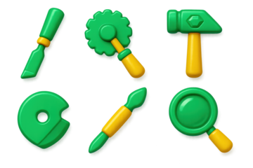 3D Jade Tool Icons. 3D icon set of hedge maze: maze corner, decision point, maze center, green wall, entrance gate, winding path.