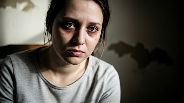 Fatigued female shows signs of iron deficiency. Pale complexion, deep shadowed circles below eyes, low red blood cell count. Sad expression, weary gaze. Dim interior, bat shadow on a wall.