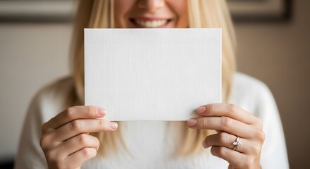 Woman holding a blank white card, smiling, with a blurred background, perfect for text.