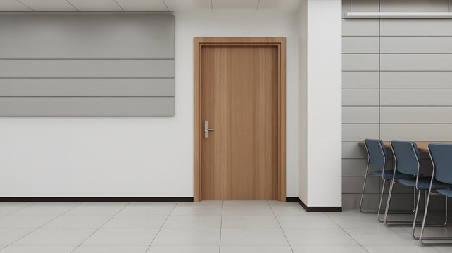 modern office interior with wooden door and conference room chairs in minimal corporate design