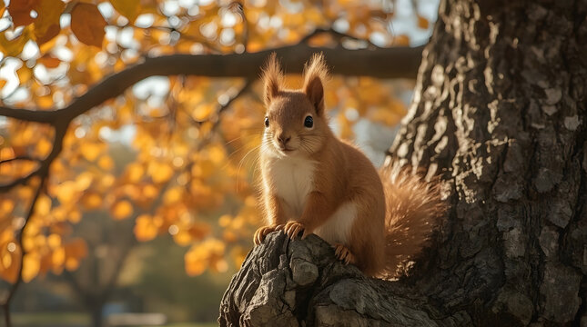 Cute portrait with a beautiful fluffy red squirrel sitting in a serene autumn park on the branch of a sturdy oak tree adorned with bright golden foliage, the squirrel's soft fur glistening