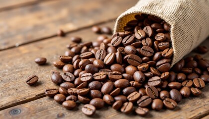 Fototapeta premium Roasted coffee beans spill from a burlap sack on rustic wooden planks, showcasing rich aroma. Roasted coffee beans are perfect for a cozy, aromatic drink, offering a delightful experience.