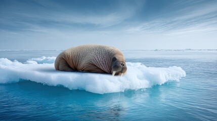 Walrus resting on a melting ice floe surrounded by open ocean, symbol of climate change and disappearing Arctic