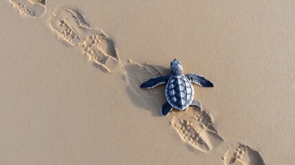 Top down view of baby sea turtle surrounded by human footprints on beach sand, visual metaphor for coexistence or danger