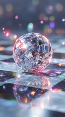 A sparkling disco ball sits on a checkered dance floor, reflecting colorful lights and creating a lively ambiance perfect for parties and celebrations