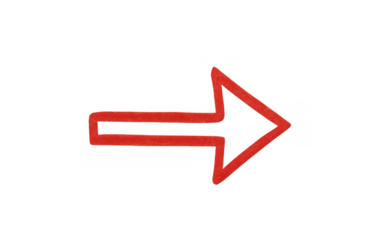 Red hand-drawn outline arrow pointing right, indicating direction, next, forward, or success with transparency