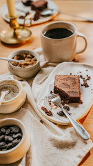 A plate of brownie with a fork on it sits on a table with a cup of coffee