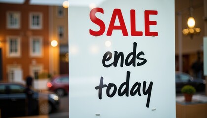 Sale ends today sign on store window glass, announcing promotion end. Sale ends today message in shop during seasonal discount sale period.