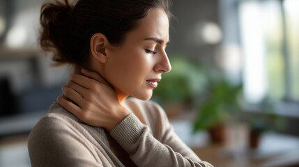 Young woman's hand on inflamed neck area face partially hidden neck pain cervical discomfort muscle strain tension headache workplace injury stress related pain chronic
