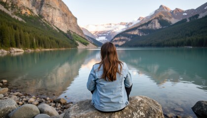 Fototapeta premium Woman lake view showcases Lake Louise against backdrop of majestic mountains in Banff National Park. Lake view provides tranquil scene as woman sits on rock, contemplating nature.
