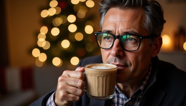 Enjoying coffee break indoors with man sipping delicious drink, taking his time to relax. Coffee break helps focus and calm senses during busy holiday season.