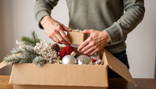 Hands packing Christmas box containing ornaments, pine cones and decorative snow branches, a Christmas box ready to ship to friends and family.