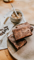 A plate of brownies sits on a table next to a bowl of nuts