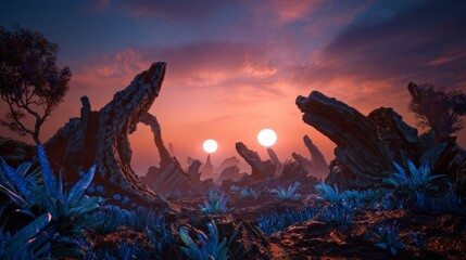 Surreal alien exoplanet with bizarre rock formations and glowing vegetation under dual suns