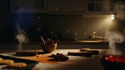 Cozy kitchen ambiance with steaming coffee and cinnamon at candlelit evening