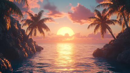 Tropical sunset scene with calm water, palms, rocks, and vibrant sky colors