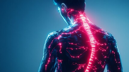 Human spine and nervous system glowing