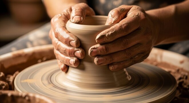 Close-up of potter’s hands shaping clay on a spinning wheel, earthy tones, detailed texture craftsmanship and artistry - Powered by Adobe