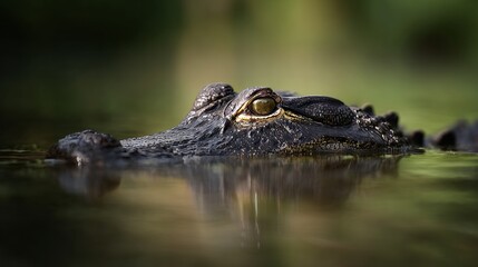 Fototapeta premium Close up of an american alligator submerged in swamp water, showcasing its predatory presence.