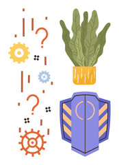 Potted plant next to gears, question marks, and shield. Ideal for growth, problem-solving, security, innovation, technology decision-making nature. Represents a simple flat metaphor
