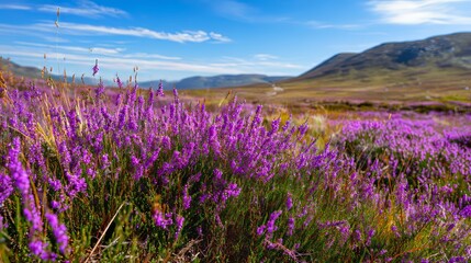 Naklejka premium Vibrant purple wildflowers blooming in a mountainous landscape under clear blue skies