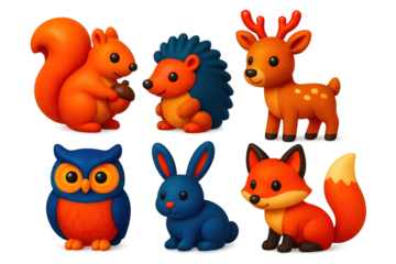 Vibrant Woodland Icons. 3D icon set of woodland animals: squirrel, hedgehog, deer, owl, rabbit, fox. A set of 3D-style icons in a