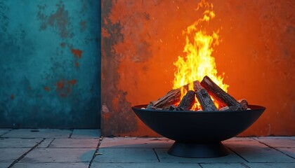 Fire pit with burning wood on dark metal bowl. Flames rise from firewood logs. Orange and blue wall in the background. Fireplace on stone floor outdoors. Warm cozy ambiance.