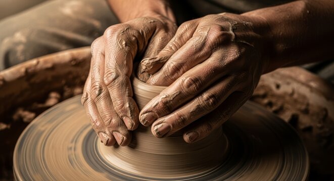 Close-up of potter’s hands shaping clay on a spinning wheel, earthy tones,  detailed texture craftsmanship and artistry