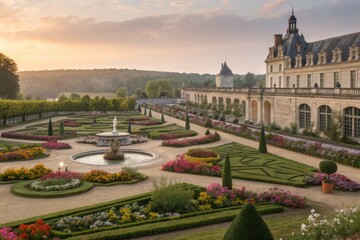 Fototapeta premium Beautiful Garden Landscape at Sunset With Elegant Architecture and Flowers