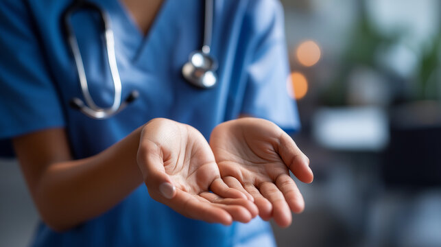 Healthcare worker's hands with stethoscope face not shown medical examination patient assessment clinical tools nursing care health screening professional healthcare