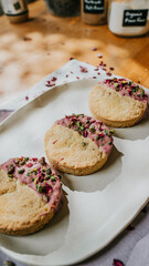 Three cookies with pink frosting and sprinkles on top of a white plate