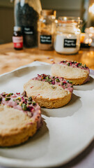 Three cookies with pink frosting and green sprinkles on top