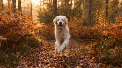 Joyful golden retriever running through colorful autumn leaves in a sunlit forest path