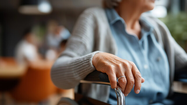 Senior woman's hands on wheelchair wheels face not shown mobility aid disability support wheelchair user independent living senior mobility assistive device home or