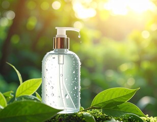 Natural Hand Sanitizer Bottle with Water Droplets on Green Leaves Illuminated by Golden Sunlight Promoting Organic Hygiene