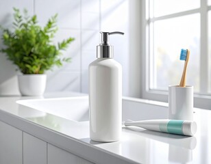 Clean Bathroom Countertop with Soap Dispenser Toothbrush and Plant Serene Morning Hygiene Routine