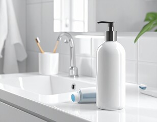 Clean Bathroom Sink Countertop with White Soap Dispenser Toothbrush Holder and Toiletries for Personal Hygiene and Skincare Routine