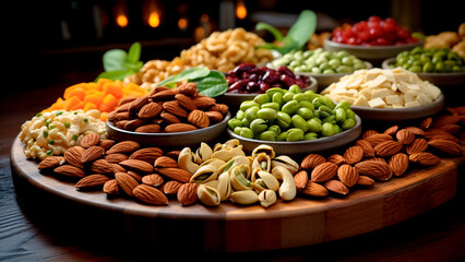 Fototapeta premium Assortment of Nuts and Seeds in Bowls. Nutritious Snack, Vegan Platter, Natural Ingredient.