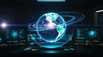 Futuristic holographic earth display in hightech control center with data visualization - Powered by Adobe