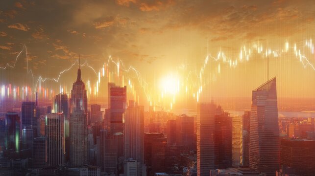 Futuristic usa cityscape at sunset showcasing economic growth with digital financial visualizations