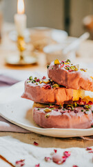 Three pink donuts with green sprinkles on top