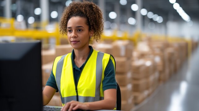 A focused woman in a safety vest works on a computer in a warehouse filled with boxes, highlighting professionalism and logistics.