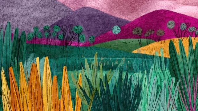 A peaceful landscape features colorful mountains in the background and lush fields in vibrant shades. The sky glows with warm hues as nature thrives in harmony.