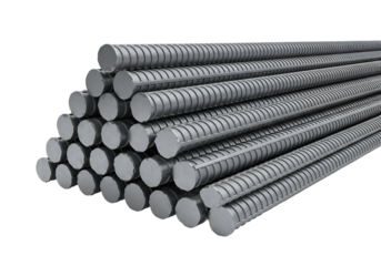 Stack of Steel Rebar for Construction and Building Reinforcement. Industrial Metal Rods on White Background. 3D Render.