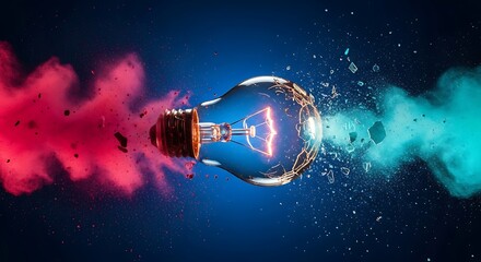 A light bulb surrounded by red and blue powder explodes with creativity