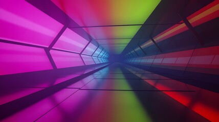 Abstract futuristic tunnel with vibrant neon lights and geometric patterns creating a sense of speed and motion