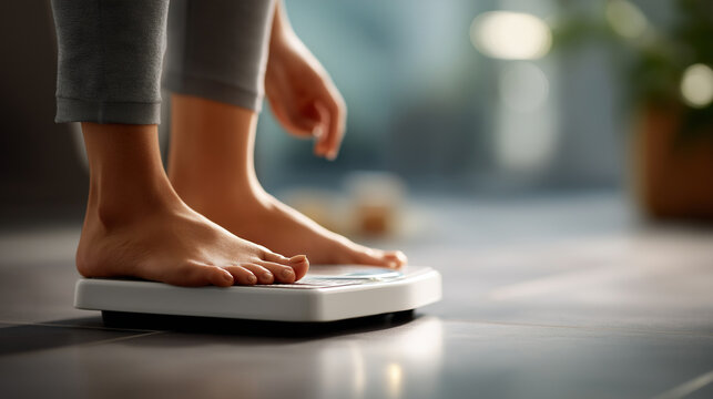 Close up of feet on bathroom scale face not shown weight check body weight monitoring fitness goal weight loss health tracking diet progress bathroom floor defocused with - Powered by Adobe