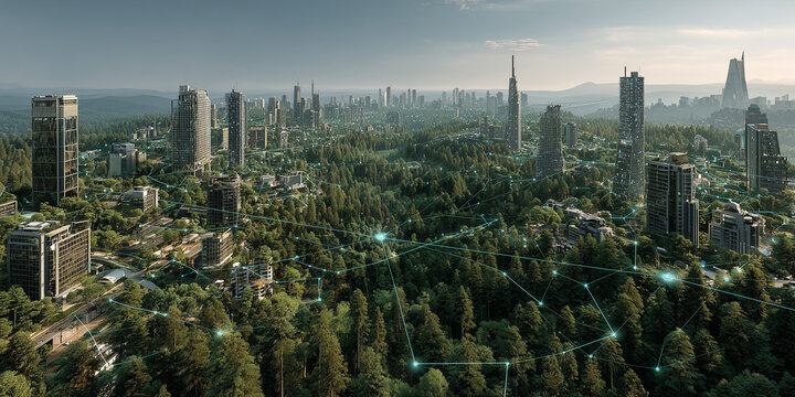 cityscape with intricate network of connected lines, black and gray color scheme, isometric perspective, depth of field effect, - Powered by Adobe